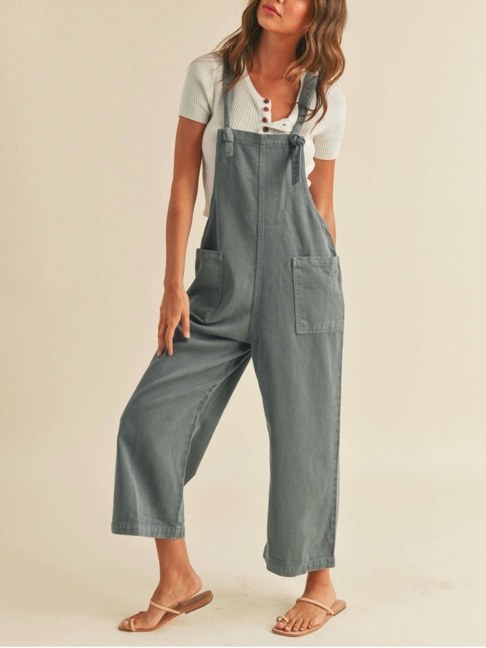 Miou Muse Gray Tencel Wide Leg Jumpsuit Relaxed Fit Lagenlook Casual Large
